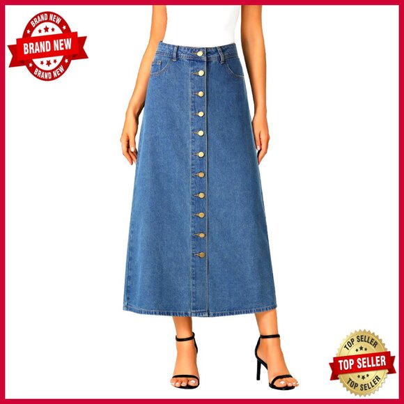 A-Line Denim Skirt High Waist Button Down Midi Casual Elegant Y2K Chic